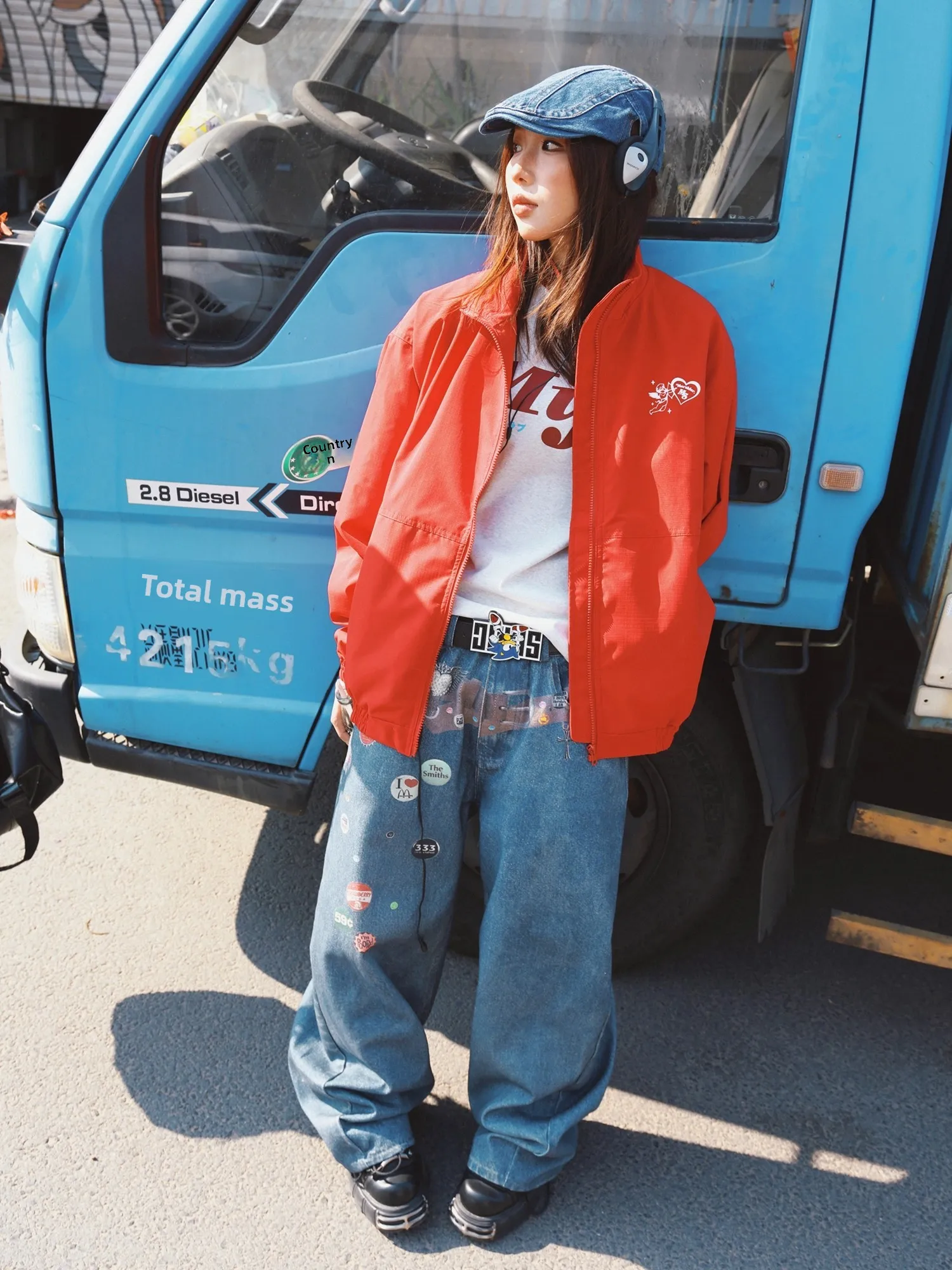 Retro americano carta impressão vermelho workwear jaet ex primavera outono casual solto versátil ins jaet na moda fechamento com zíper