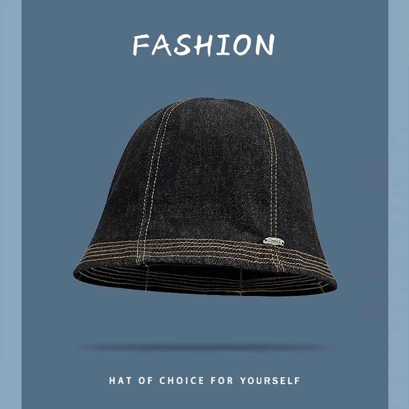 Retro Bright Thread Sewn Short Brim Denim Basin Caps for Men and Women Summer Street Leisure Sun Protection Versatile Bucket Hat