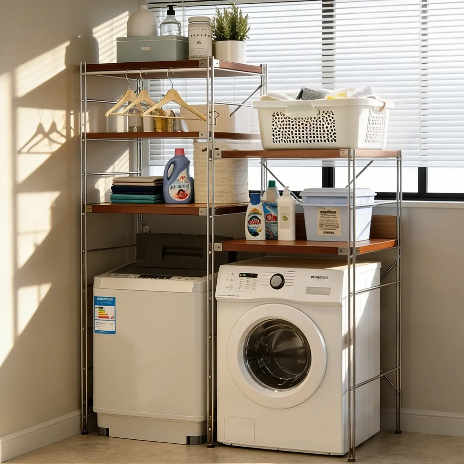 Washing machine rack household bathroom multi-layer Japanese log wind rack optical shaft storage