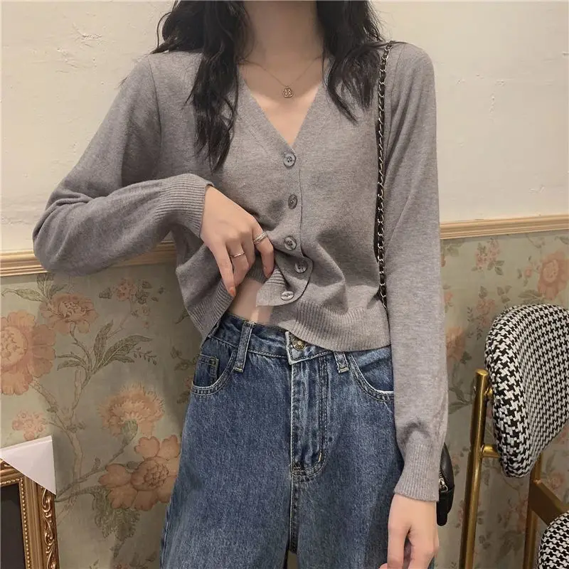 2023 Autumn New V-Neck Cropped Cardigan Fashion Women's Top Thin Versatile Coat Long Sleeve Knit