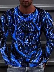 3D Wolf Print Men's Long Sleeve T-shirt Autumn Casual Men's Round Neck Long Sleeve T-shirt Street Fashion Long Sleeve T-shirt