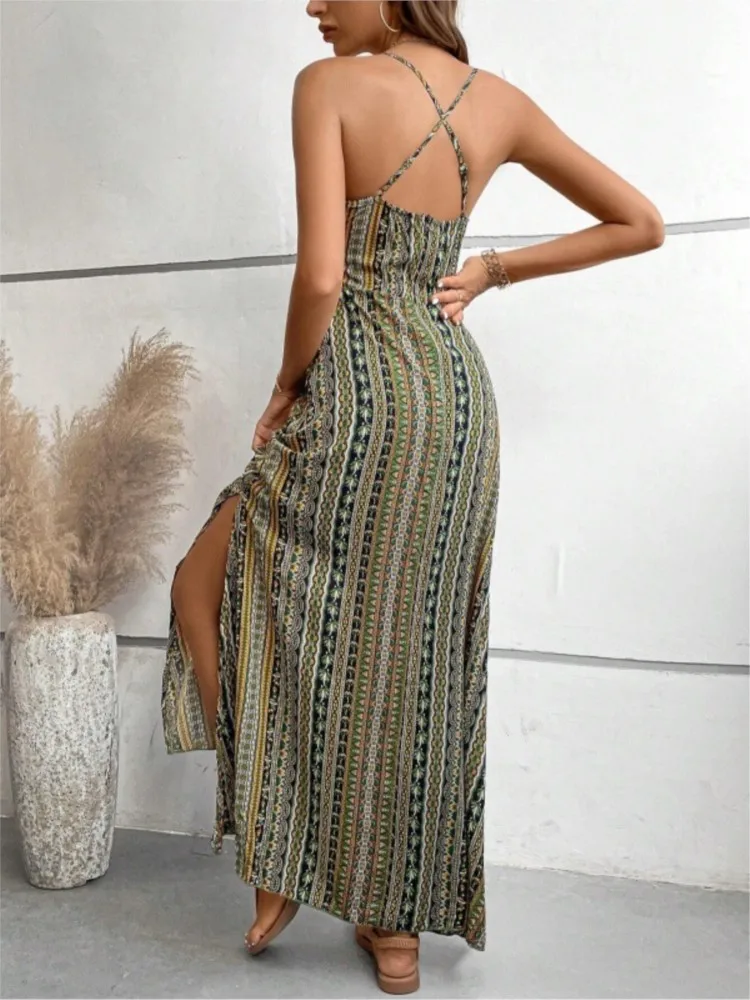 Vestido de verano con estampado étnico para mujer, vestido con espalda descubierta y muslo dividido, ropa de verano para mujer, Vestido de playa bohemio con cuello en V, vestido veraniego Vintage sin espalda