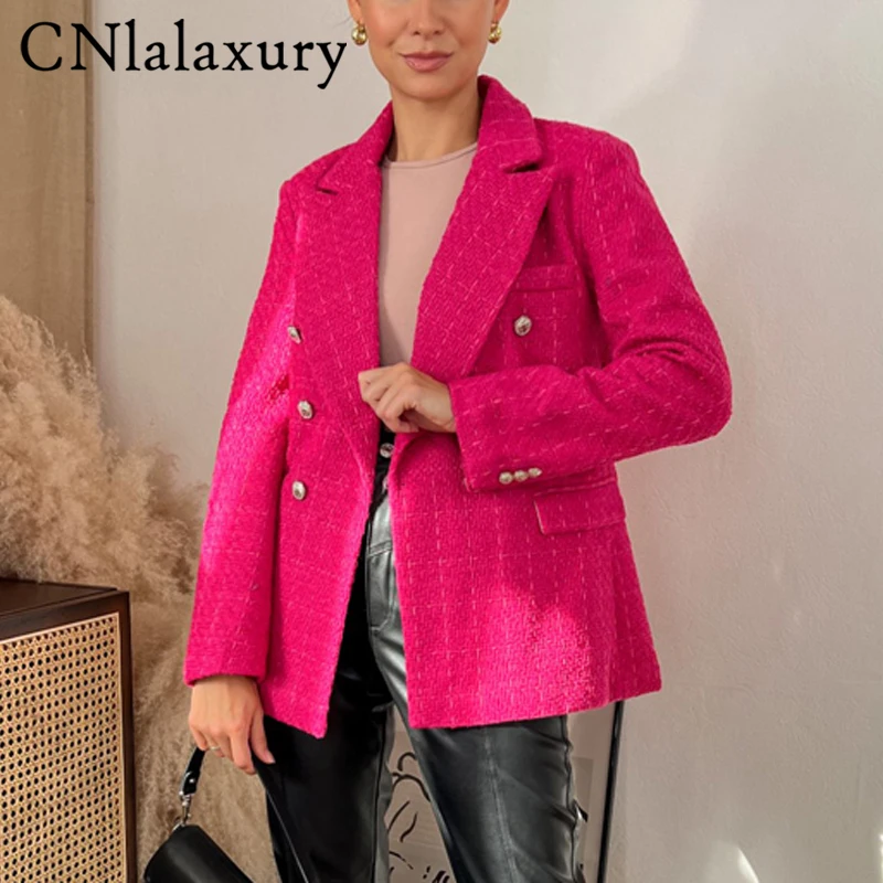 CNlalaxury 2024 Woman Casual Tweed Blazer Long Sleeve Double-breasted Spring Autumn Outerwear Female Commute Coat Pocket