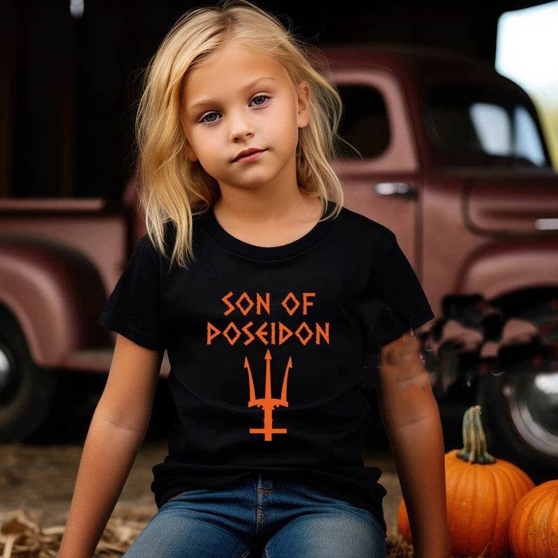 Son of Poseidon Kids T Shirts Cotton Summer Fashion Tshirt Camp Half Blood Boys T-shirts Orange Colour Percy Jackson Clothes