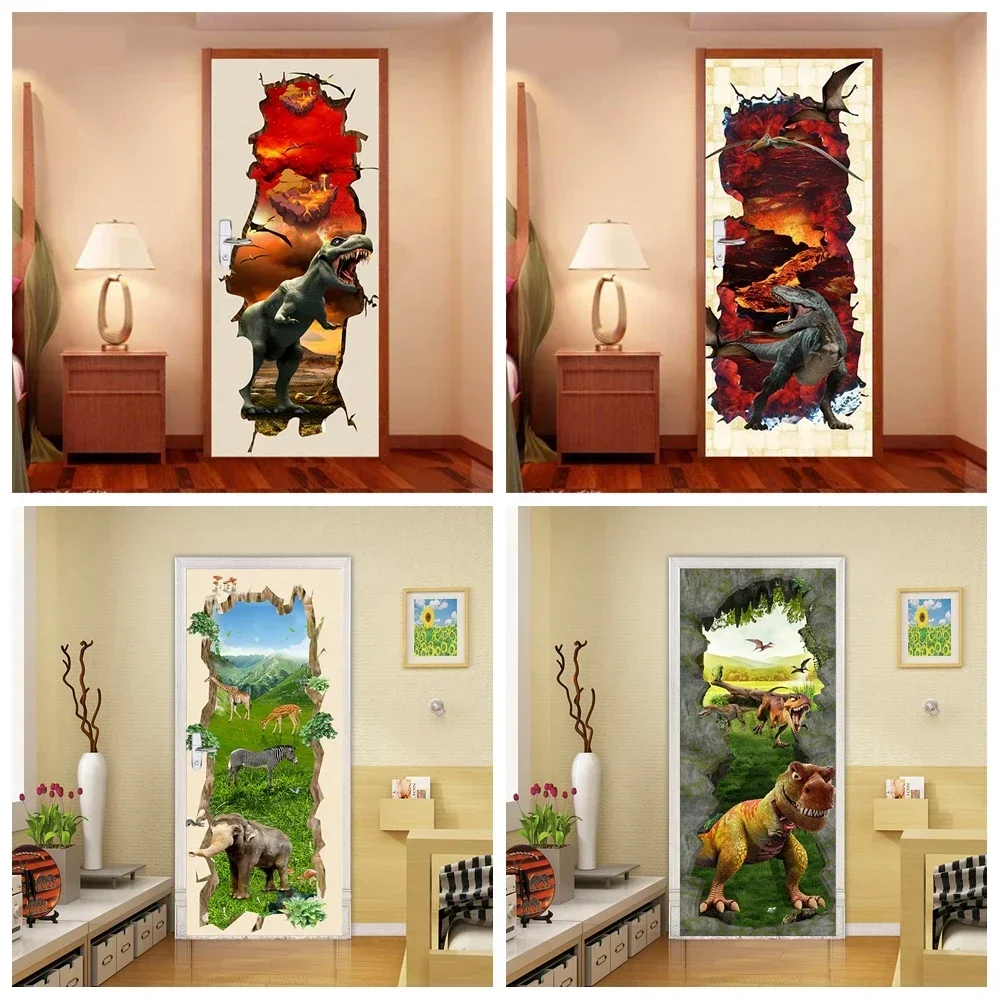 3D Cartoon Dinosaur Landscape Door Decal Sticker Realistic Peel And Stick  Wallpaper Children Living Room Decor Aesthetic