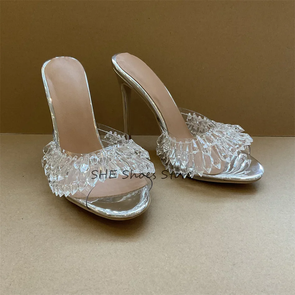 

Роскошные женские туфли на высоком каблуке с кристаллами и одним ремешком, прозрачные тапочки ручной работы со стразами и декором, женские туфли-лодочки с открытой пяткой