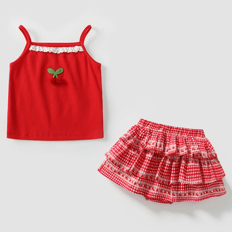 

2Piece Summer Little Girl Clothes Korean Cute Cherry Plaid Sleeveless Cotton Red Baby Tops+Shorts Boutique Kids Clothing BC280