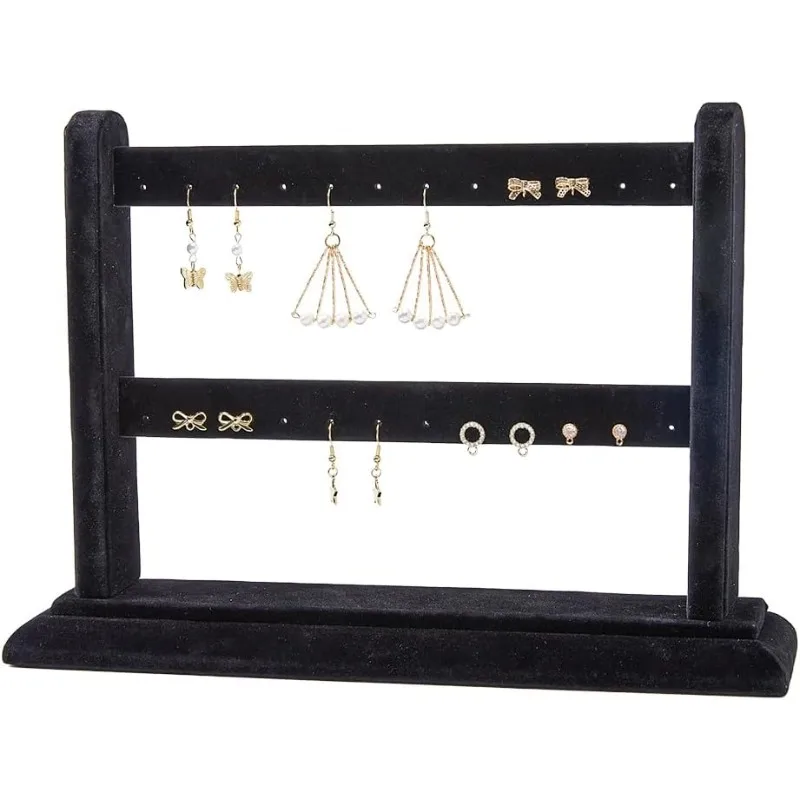 

1Pc Black Velvet Earring Display 2-Tier Wood Covered Earring Jewelry Display Stand Earring Organizer Holder for Earring Studs