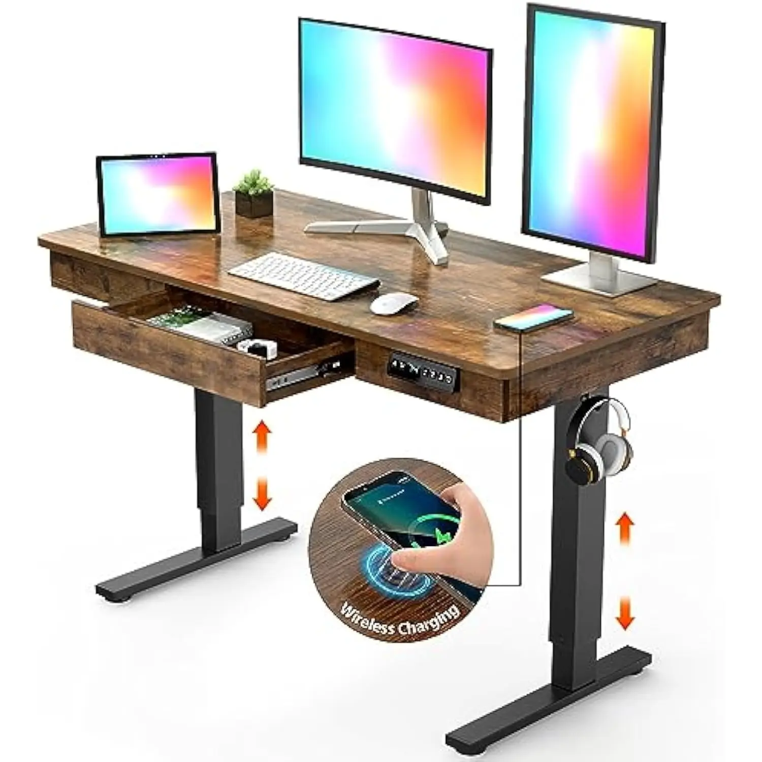 

Электрический стол с выдвижным ящиком, стол с регулируемой высотой 48 x 24 дюйма и беспроводной зарядкой мощностью 12 Вт, цельный деревянный рабочий стол Si