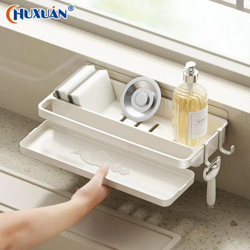 Q Dishwashing Utensil Rack With Hanging Hooks Kitchen Storage Shelf With Ventilated Water Catch Tray Moisture-Proof