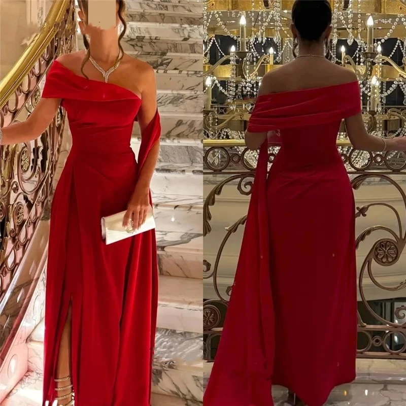 A-Line Red Satin Long Prom Dress Pleated Off The Shoulder Evening Dress High Side Slit Party Dress Gowns Saudi Arabia 2024