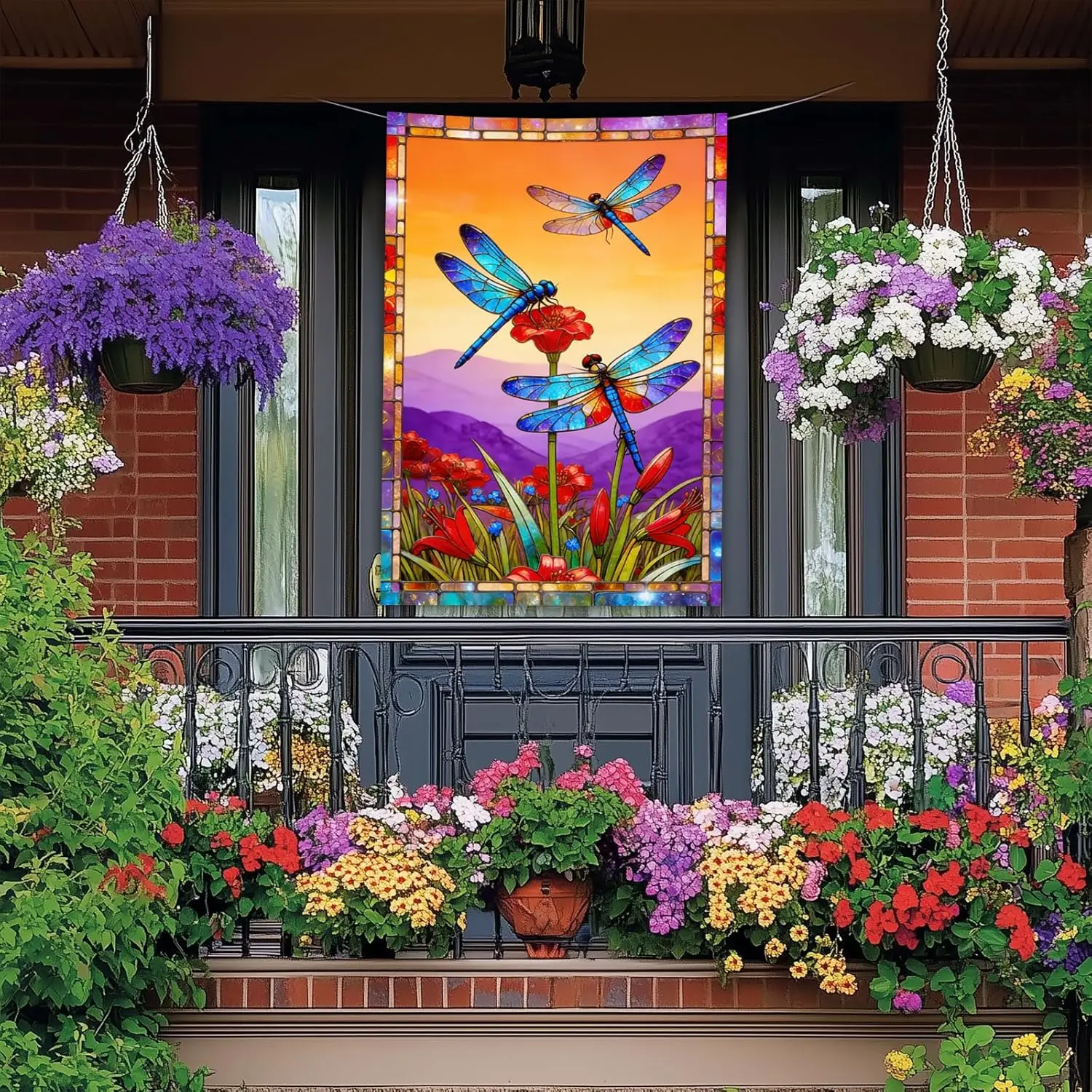 BlissYard Dragonfly Welcome House Flag 28 x 40 Inch, Stained Glass Floral Outdoor Decor for Front Yard Porch Lawn, Double Si jjp