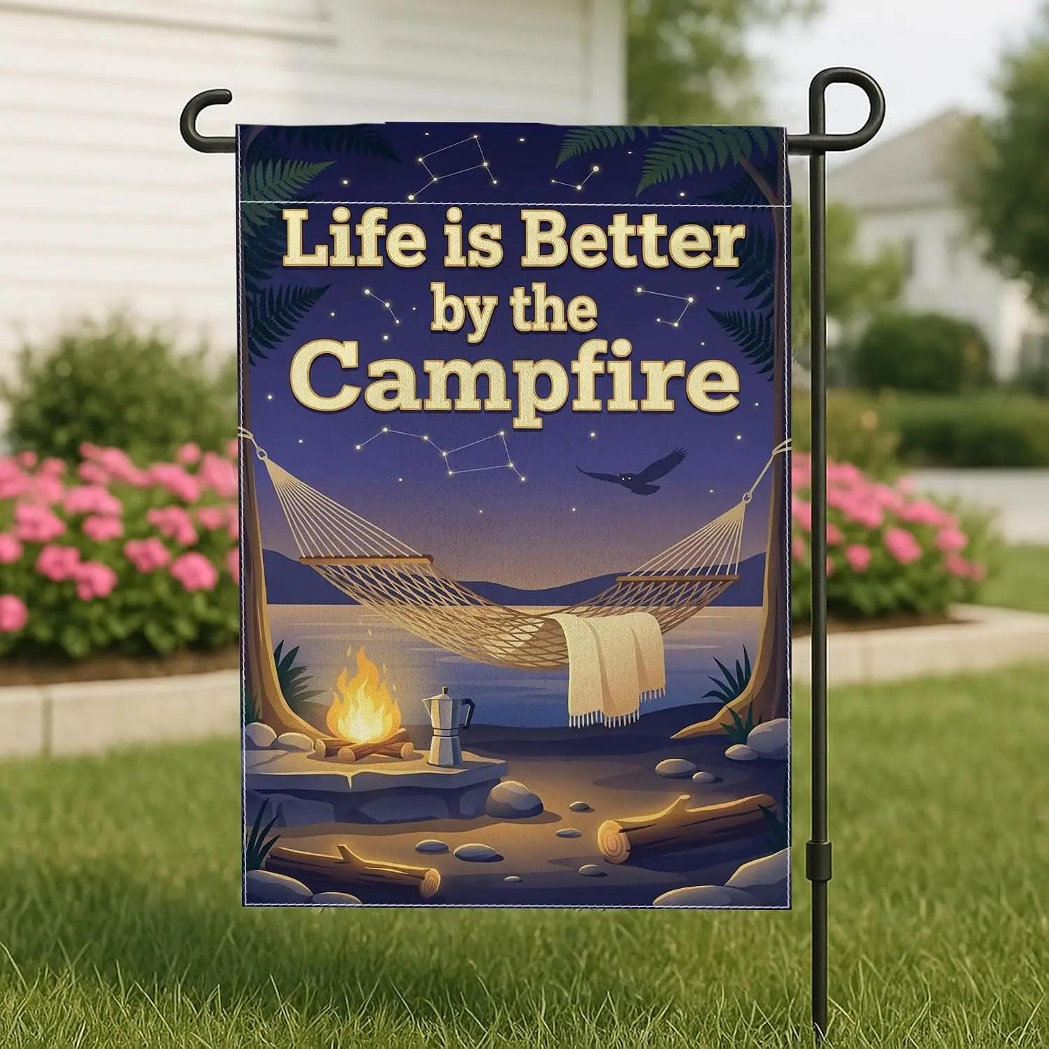 Campfire Garden Flag, Outdoor Relaxation Hammock Stars Summer Blue Burlap Double Sided Small Garden Yard Flag for Outdoor La yyi