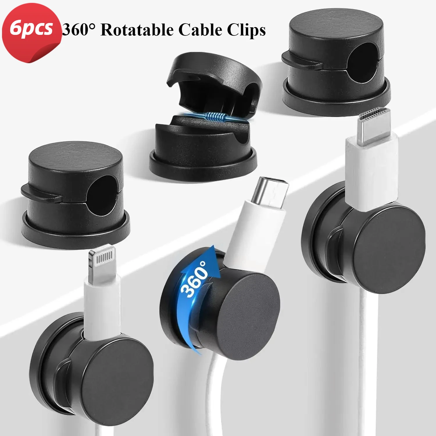 

6PC 360° Rotatable Cable Clips, Strong Adhesive Cord Organizer, Adjustable Wire Holder for Desk Home Kitchen Office RV