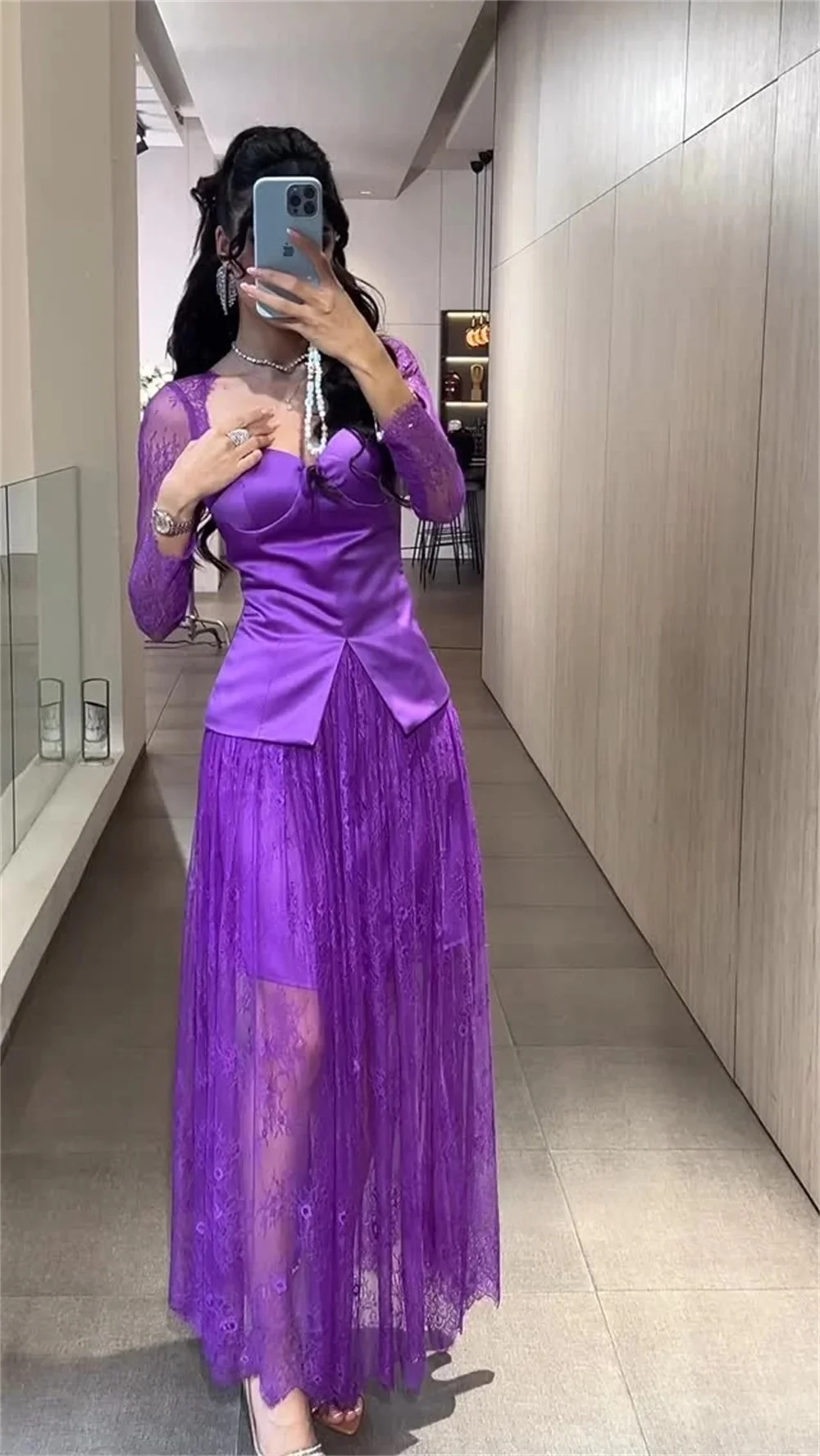 Robe de soirée en dentelle violette, manches longues, sur mesure, Pastrol, Jersey unisexe, rétro, dubaï, saoudien, arabe, bal personnalisé