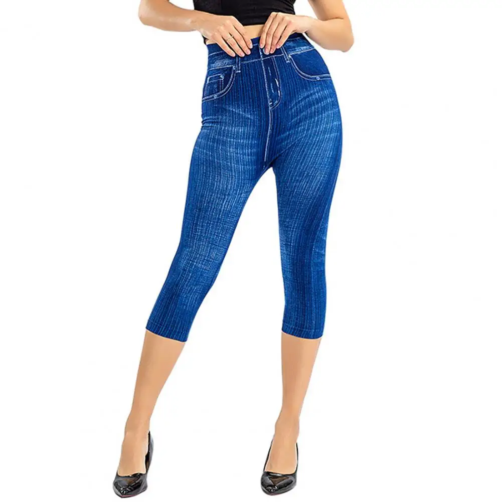 

Women Cropped Jeans Slim High Waist Elastic Striped Slimming Button Zipper Closure Length Pockets Commute Trousers