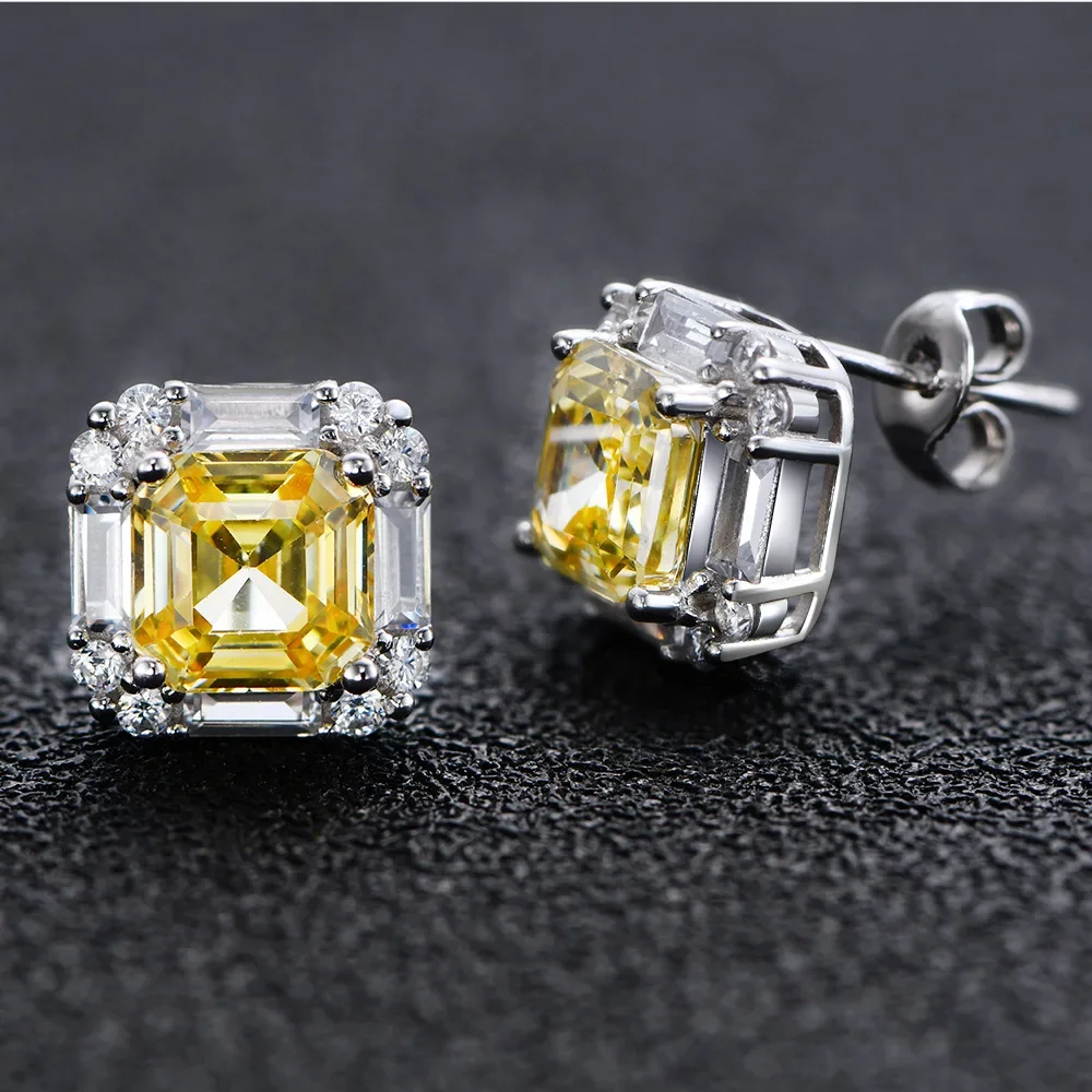 7 * 7 Yellow Diamond 925 Pure Silver Upright Chamfered High Carbon Diamond Earrings From Europe and America Cross Border Amazon