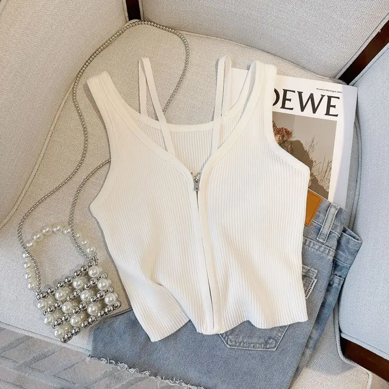 

Camisole Zippered Vest for Women Summer Niche Design Sense Double Shoulder Straps Slim Fit Cropped Top