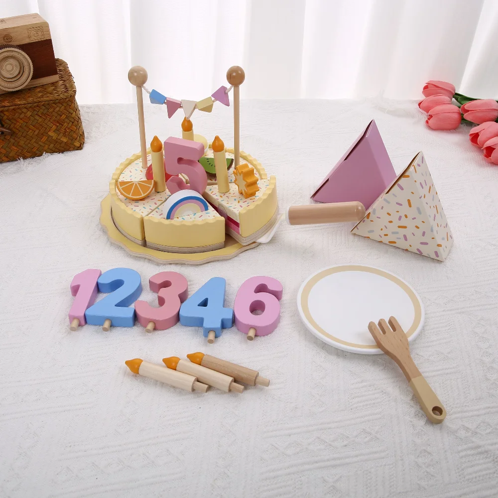 Simulazione per bambini Torta di compleanno in legno Giocattoli Giochi di finzione Taglio Gioco di cibo Gioco di ruolo per bambini Regali giocattolo per ragazzo ragazza