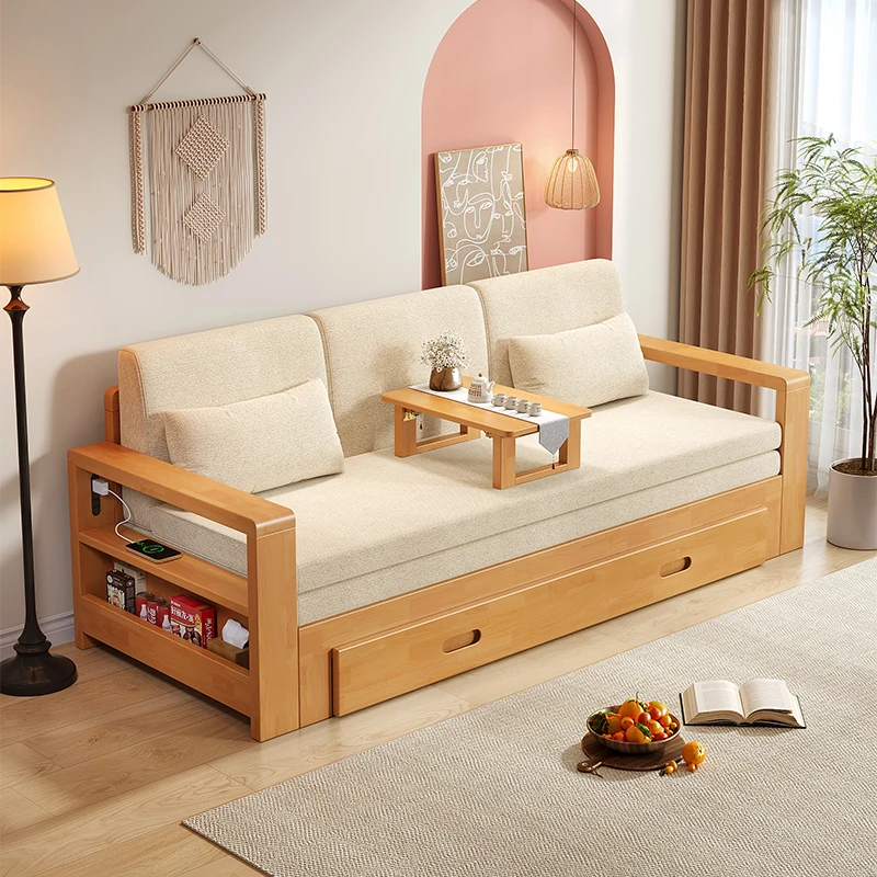 Solid wood sofa bed folding dual-purpose rubber wood storage bed retractable push-pull small apartment multi-functional sofa