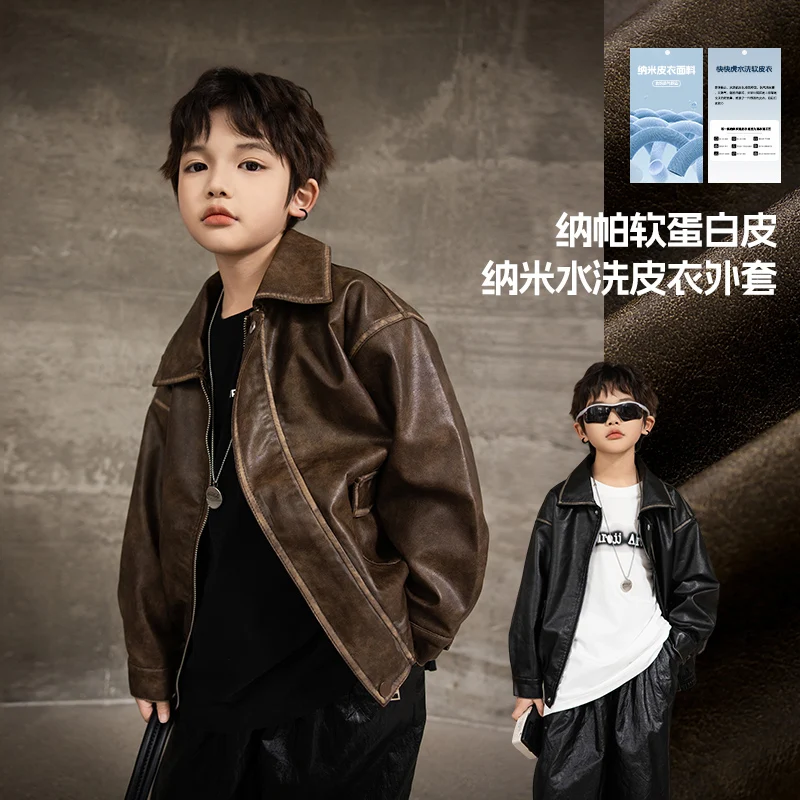 

2025 Fall New Retro Leather Jacket Fashionable Versatile Top High-Quality Boy's Outerwear