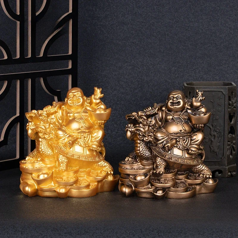 

Resin God of Wealth Laughing Buddha Statue，Modern Art Sculpture，Chinese Home Feng Shui Dragon Turtle Decoration Figurines Statue