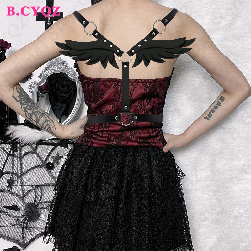 

B.CYQZ Sexy PU Leather Harness BDSM Angel Wing Waist Belt Garter Women Outfit Gothic Waistband Sword Belt Harness Rave Garter