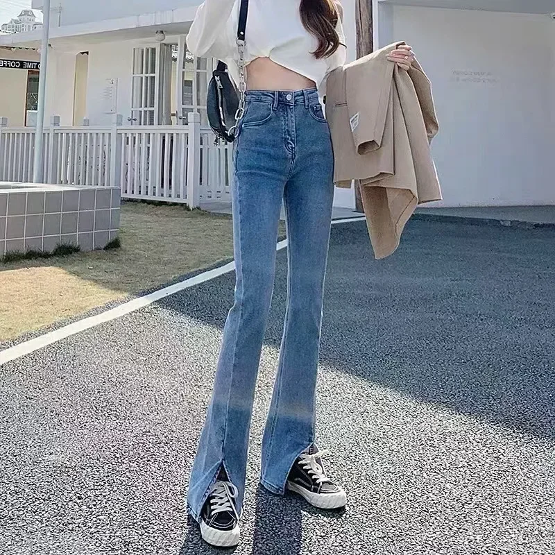 

Pop Pop High Waist Bell Bottom Jeans Women's Straight Leg Wide Leg Floor Length Split Pants Retro Denim Trousers Spring Summer
