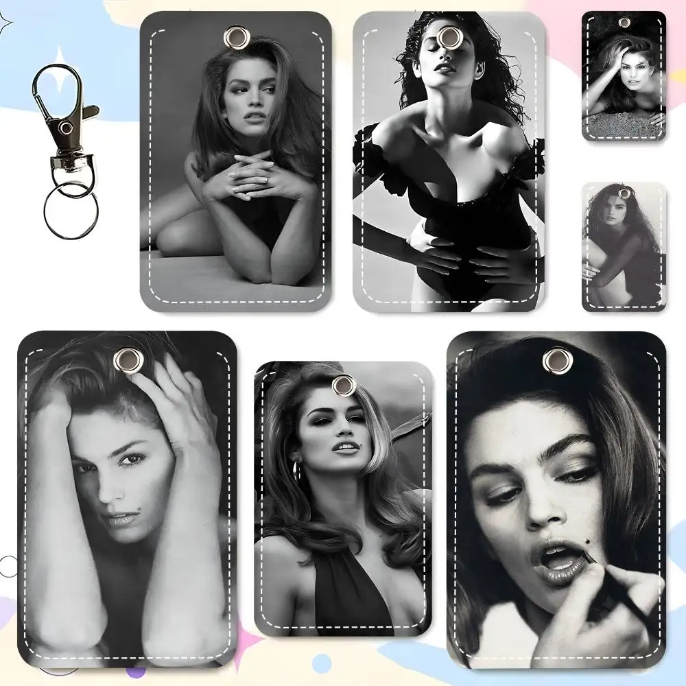 1pc C-Cindy C-Crawford Model Card Case Keychain Access Card Bag Key Tag Ring Leather Card Holder Key Ring Access
