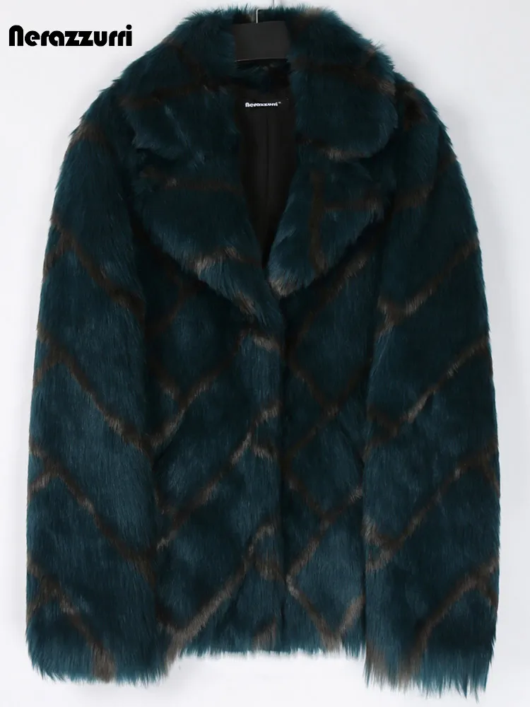 Nerazzurri-abrigo corto de piel sintética para mujer, chaqueta gruesa y cálida de manga larga a cuadros, mullida, de lujo, a la moda, invierno, 2022