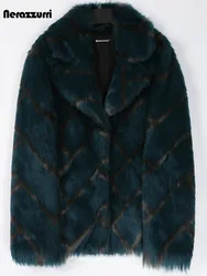 Nerazzurri-Manteau Court en Fausse Fourrure pour Femme, Veste à Revers, Manches sulf, Optique, Plaid Chaud, Moelleux, Luxe, Mode, Hiver, 2022