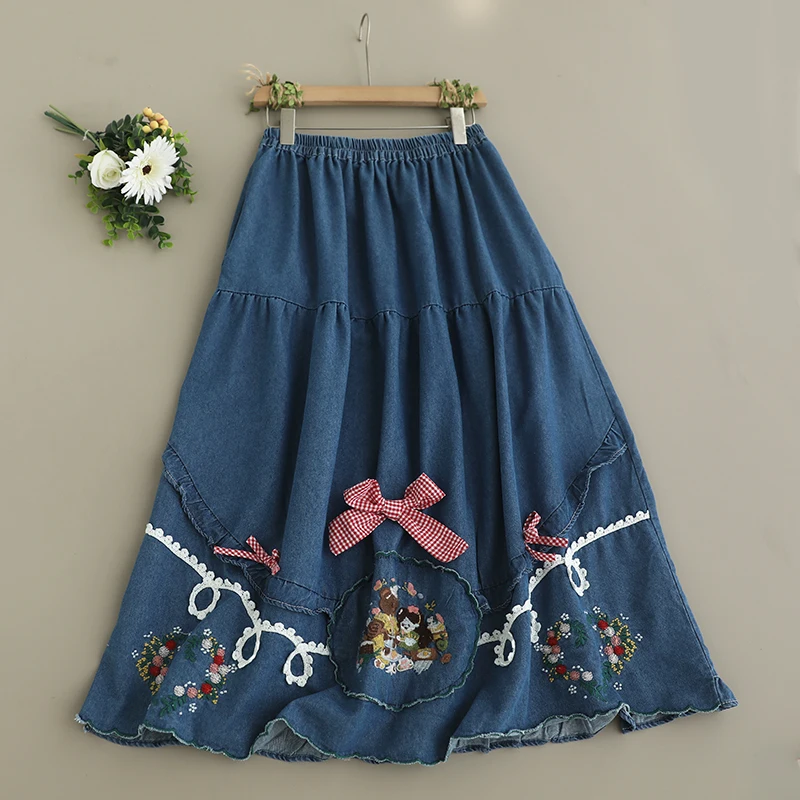 Spring New Japanese Sweet Mori Girl Cartoon Bear Embroidery Bow Denim Skirts Women Retro Elastic Waist Casual A-Line Midi Skirts