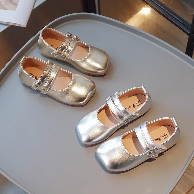 Children\'s Leather Shoes Spring Autumn Fashion Kids Performance Shoes Solid Color Gold Silver Girls Causal Flats Single Shoes