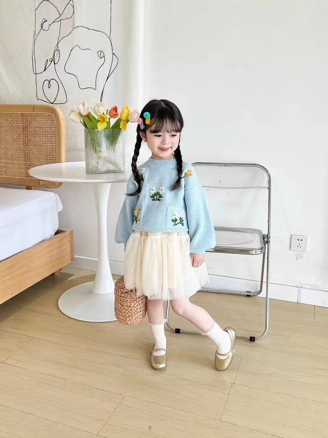 Kids Blue Hand Embroidered Sweater, Little Girls Fashion Knit Pullover, Korean Style Chic Spring Autumn Tops