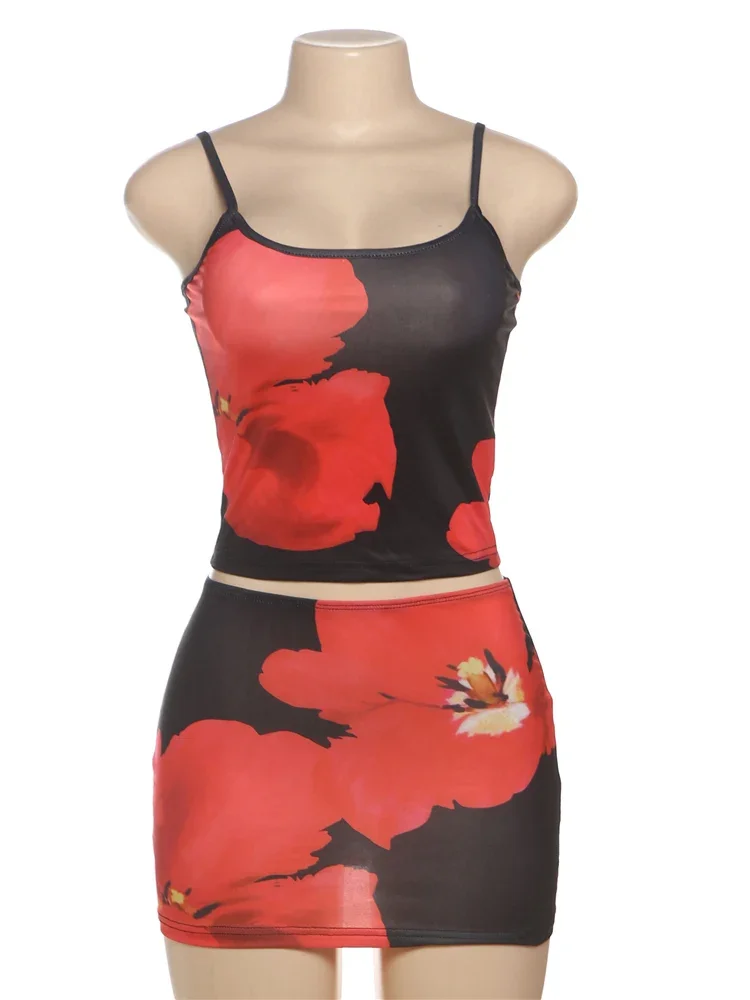

Sisterlinda Panelled Print 2 Piece Set Matching Sexy Summer Crop Camis+High Waist Slim Mini Skirts Female Beach Vacation Outfits