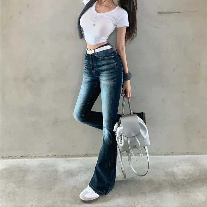

Sexy Mid-Low Waist Bell Bot Jeans Dongda Gate Slim Leg Lengthening Waed Blue White Left Trendy Cotton Stretch Denim