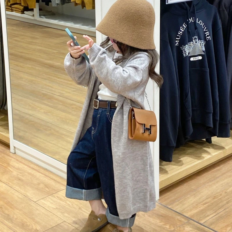 

Children Clothing 2023 Spring New Fashionable Girls Long Sweater Coat Loose Style Knit Casual Solid Simple Cardigan for Girls