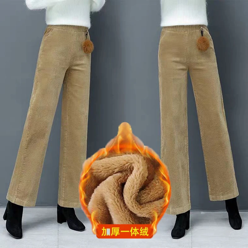 Plush Thick Corduroy Wide Leg Pants Women Fall Winter Fleece Lined High Waist Casual Ankle-Length Pants Vintage Baggy Pantalones
