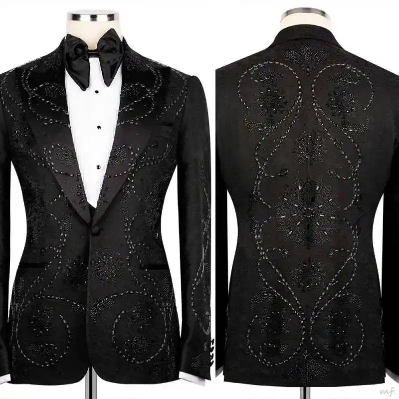 

Elegant Black Suits For Men 2 Pieces Fashion Customized One Button Slim Fit Tuxedo Wedding Formal Business Dinner Prom