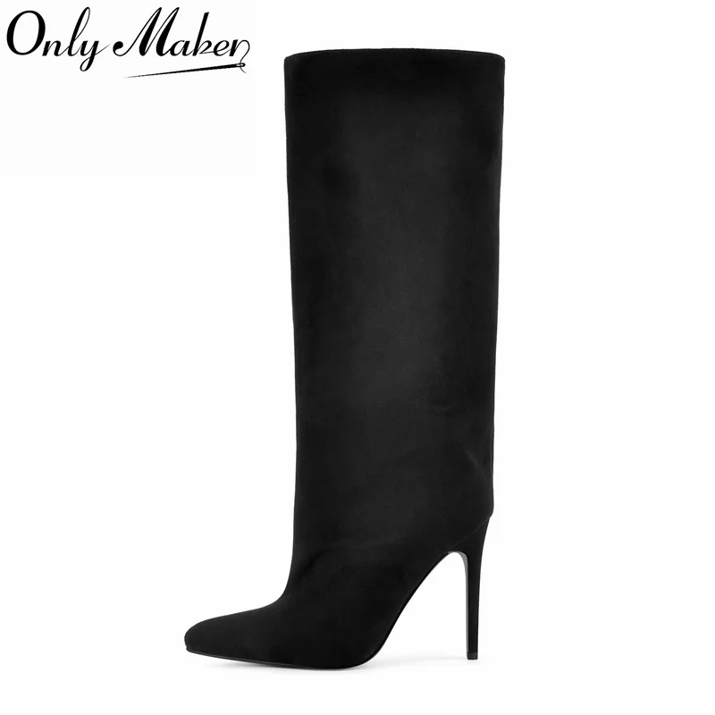 Onlymaker Black Faux Suede Knee High Boots Wide Shaft Pointed Toe Stiletto Heel Pull-On Fall Winter Formal Daily Dress Boots