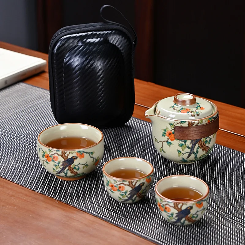 Ru Kiln Travel Tea Set 4-piece Set Portable Tea Maker with One Pot and 3 Cups Outdoor Camping Companion Business Gift Tea Set