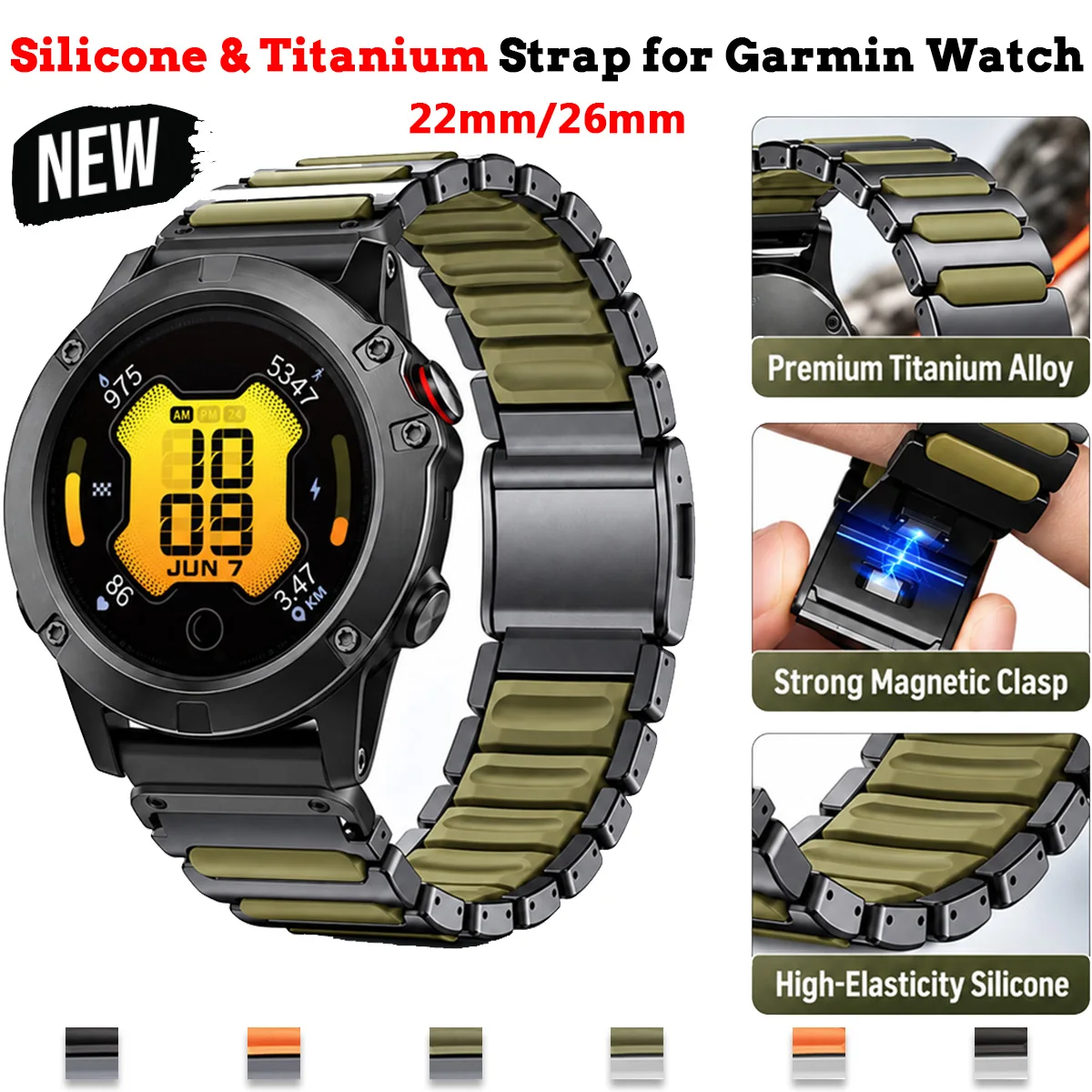 26mm 22mm Silicone & Titanium Strap for Garmin Fenix 8 51mm 47mm 7 X Pro 6 5X 5Plus Magnetic QuickFit Bracelet Band Wristband