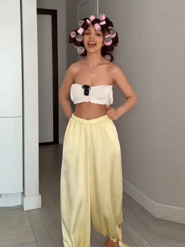 Plissierte kurze Tube-Tops, Hosenanzüge für Damen, sexy Spaghettiträger, ärmelloses, kurzes Top, elastische Taille, Schnürhose, neue Outfits – Detail 9