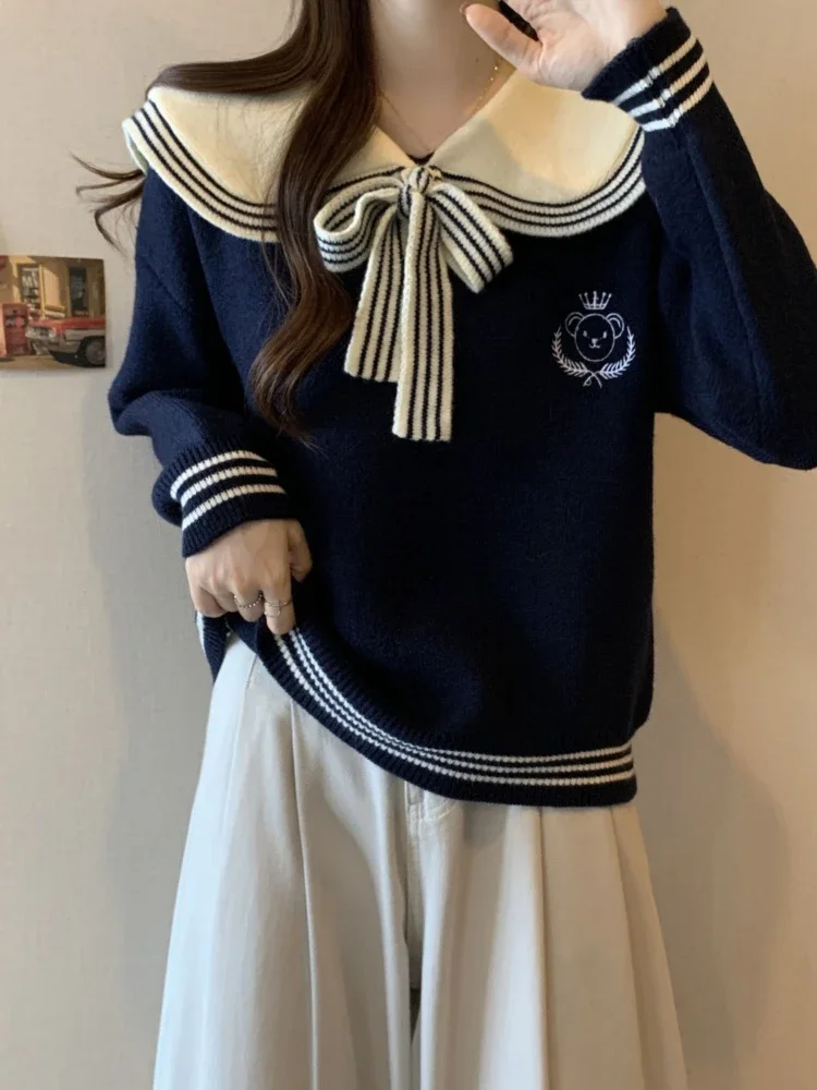 Preppy Style Pullovers Sailor Collar Striped Contrast Color Long Sleeve Casual Loose Sweaters Fashion Sweet 2024 Women Clothing