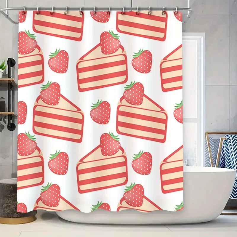 

Занавеска для душа в полоску с клубничным тортом для украшения ванной комнаты, милый розовый кухонный домашний декор с крючками, 71x74 дюйма, 3D печатная ва