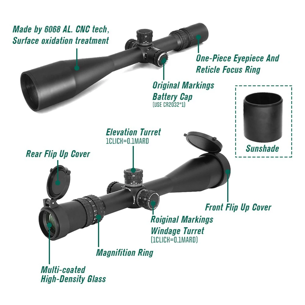 Tactical 5.5-22x56 FFP ZeroStop Mil-R Riflescope 30mm Tube RifleScope with Sunshade Hunting Optical for Airsoft AR15 Rifle Gun