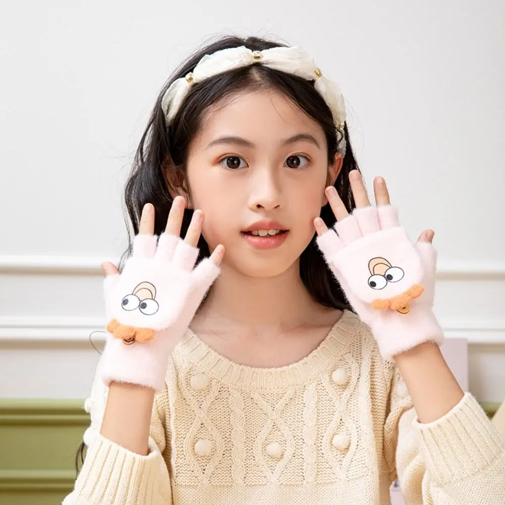 Cute Bear Winter Kids Gloves Typing Writing Half-Finger Flip Warm Student Gloves Soft Fluffy Dual-purpose