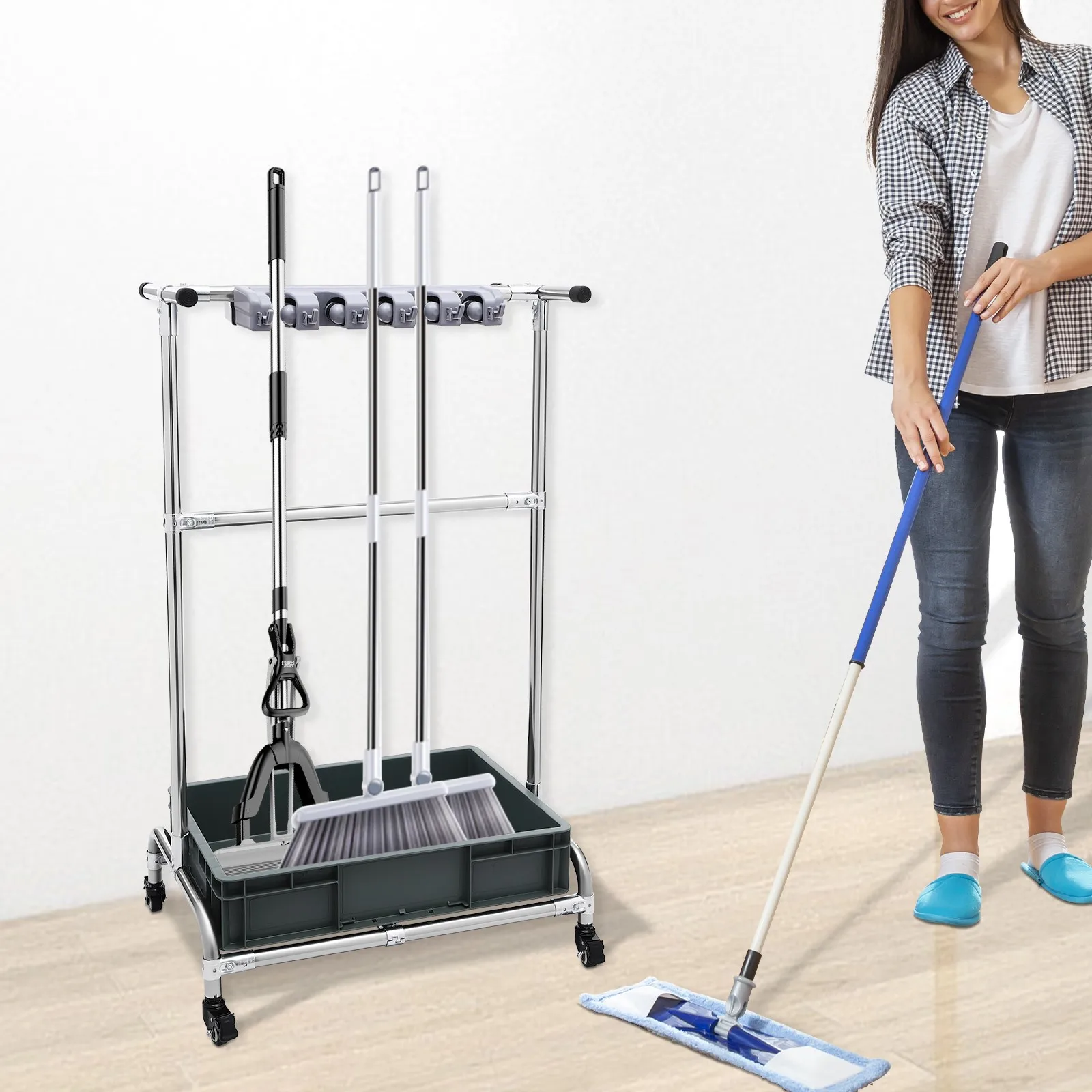 

Передвижная напольная тележка для швабр серебристого цвета с 4 универсальными колесами, держатель для швабр, мобильная тележка-стойка ﻿
