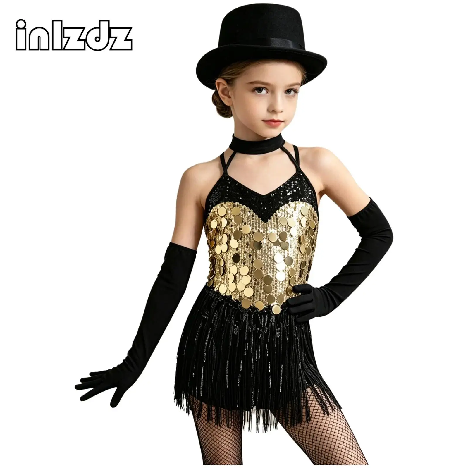 

Cha-cha Salsa Latin Ballet Dance Costume Sequins Halter Sleeveless Tassels Leotard Tutu with Gloves Kids Girls Magician Clothes