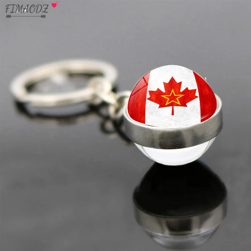 FIMAODZ Canada Maple Leaf Keychain National Flag Double Sided Glass Cabochon Pendant Key Chain Canadian Car Key Ring Gift